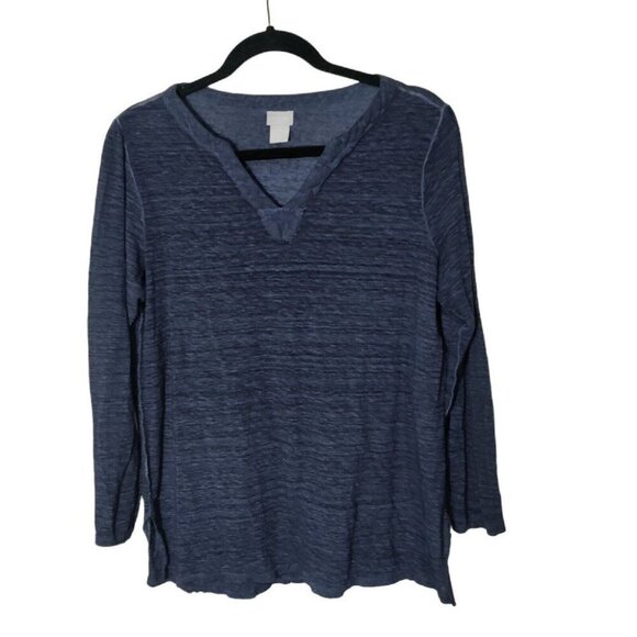 Chico's‎ Dark Blue Linen V Neck Long Sleeve Burnout Shirt Size Medium - Picture 1 of 7